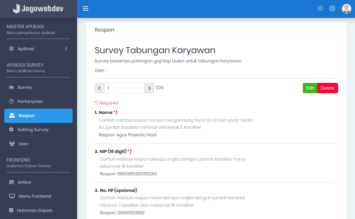 Tampilan Respon Dalam Bentuk Individual